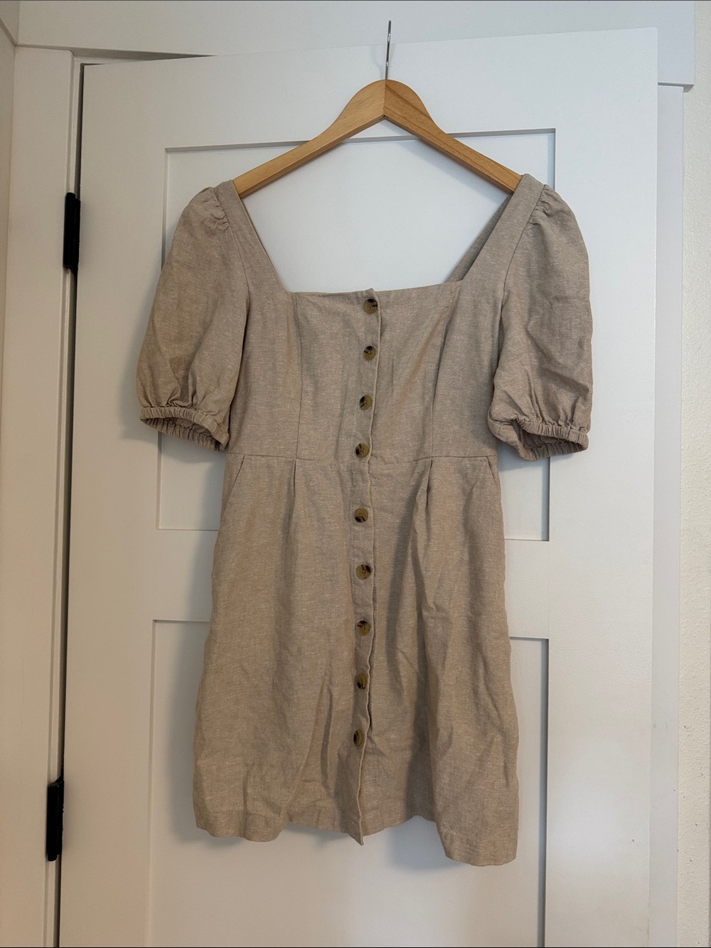 Old Navy Beige Button-Front Puff Sleeve Mini Dress